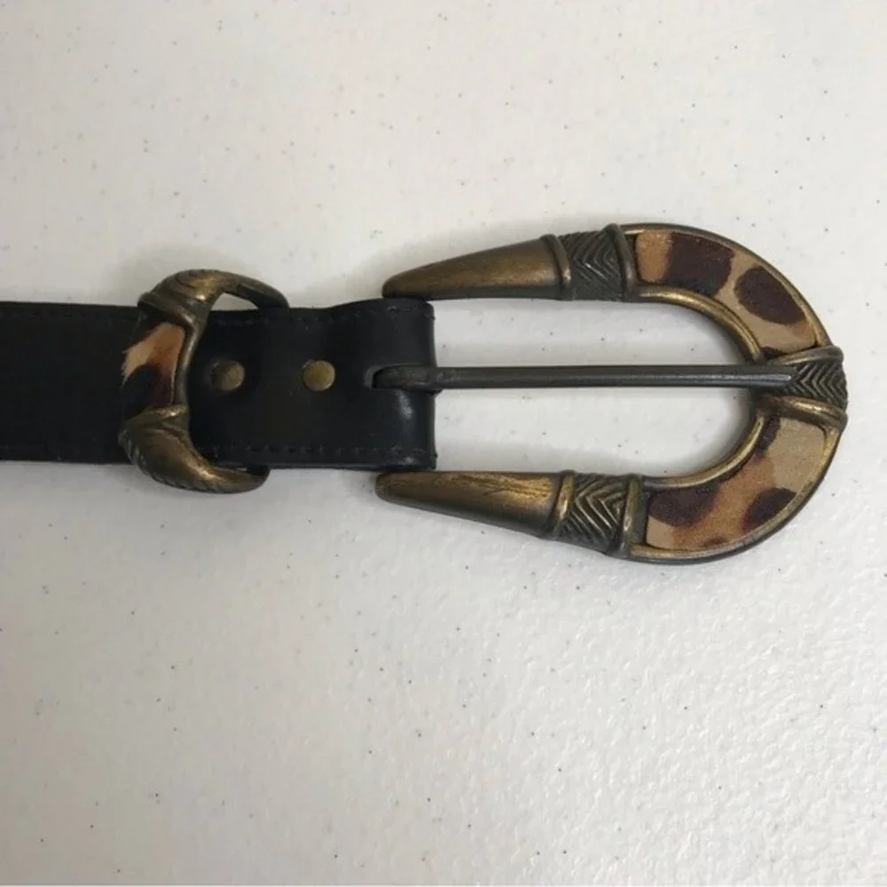 Animal Print Black Belt Made in USA Brass Color Buckle Size Medium Large